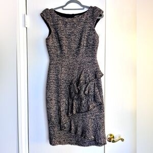 Karen Millen Beautiful Elegant Tweed Dress, Cap Sleeves, Front Ruffle, sz 8